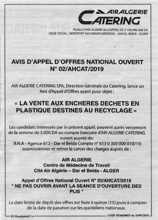 Avis d'appel d'offres national.